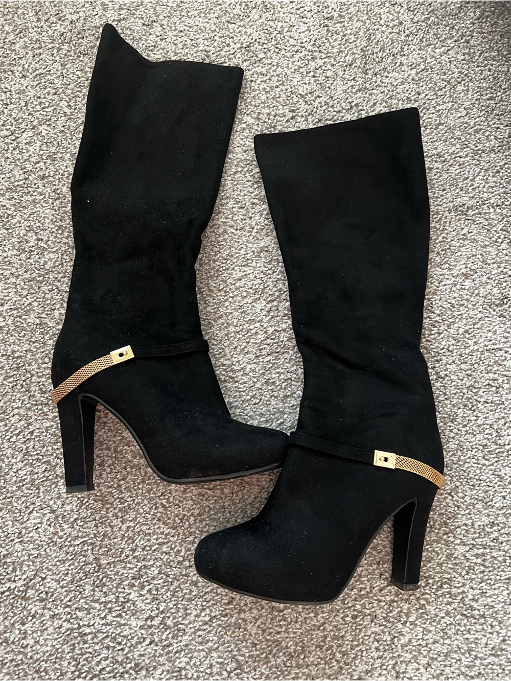 Black Suede Mid-Calf Heeled Boots with Gold Accent